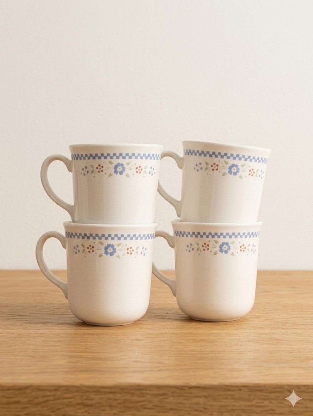 Set of 4 Corelle Country Cottage Mugs โ Vintage Floral Blue Check Farmhouse